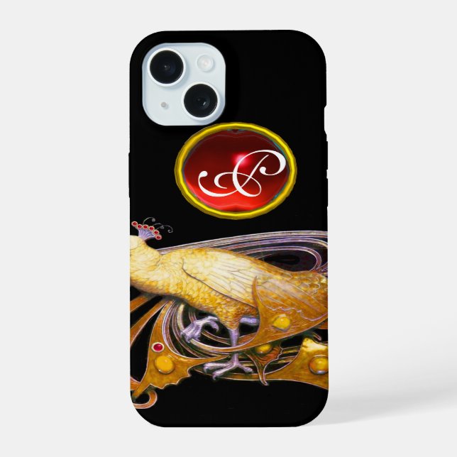 ELEGANT PEACOCK IN YELLOW, RUBY MONOGRAM iPhone 15 CASE (Back)