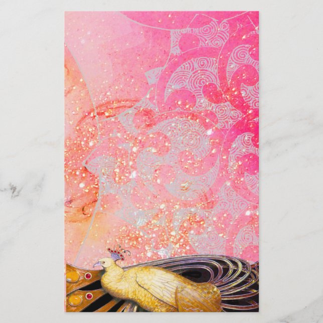 ELEGANT PEACOCK IN YELLOW SPARKLING PINK FUCHSIA STATIONERY (Front)