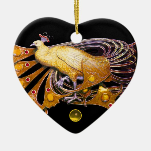 ELEGANT PEACOCK IN YELLOW TOPAZ HEART CERAMIC ORNAMENT (Front)
