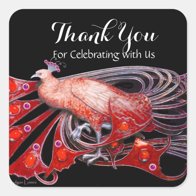 ELEGANT PEACOCK JEWEL IN RED BLACK Thank You Square Sticker (Front)