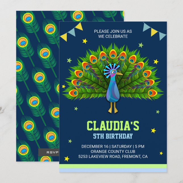 Elegant Peacock Kids Birthday Party Invitation (Front/Back)