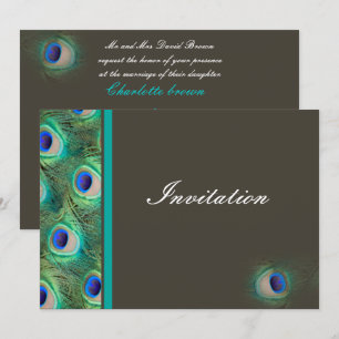 elegant peacock mocha blue wedding invitation