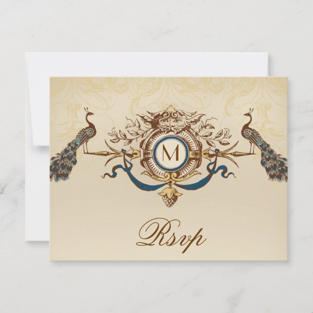 Elegant Peacock Monogram Vintage Wedding RSVP Card (Front)