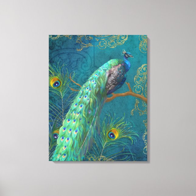 Elegant Peacock n Feathers on branch Painting Blue Canvas Print (Front)