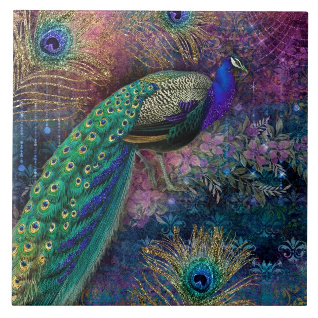 Elegant Peacock n Feathers Vintage Gold Glitter Tile (Front)
