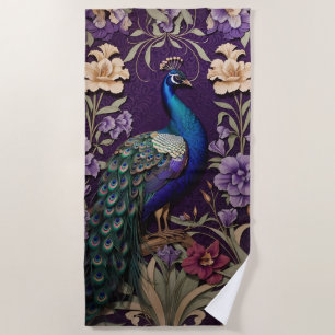 Elegant Peacock On Purple William Morris Inspired Beach Towel