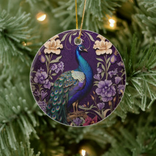 Elegant Peacock On Purple William Morris Inspired Ceramic Ornament