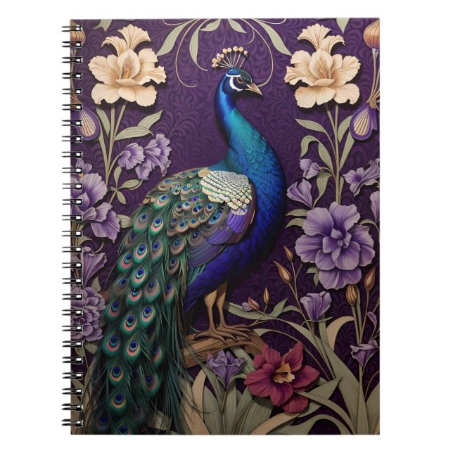Elegant Peacock On Purple William Morris Inspired Notebook (Front)