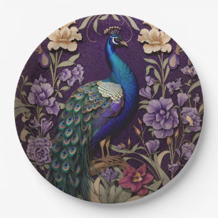 Elegant Peacock On Purple William Morris Inspired Paper Plate