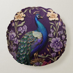 Elegant Peacock On Purple William Morris Inspired Round Pillow