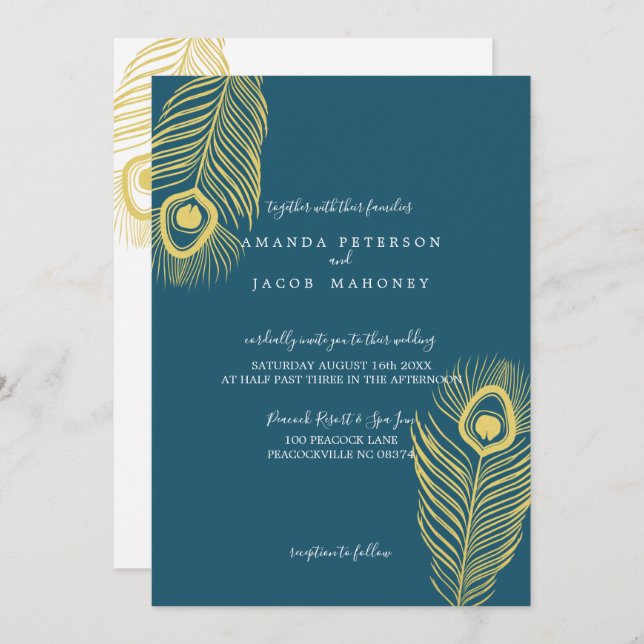 Elégant Peacock Or Invitations de mariage (Devant / Derrière)