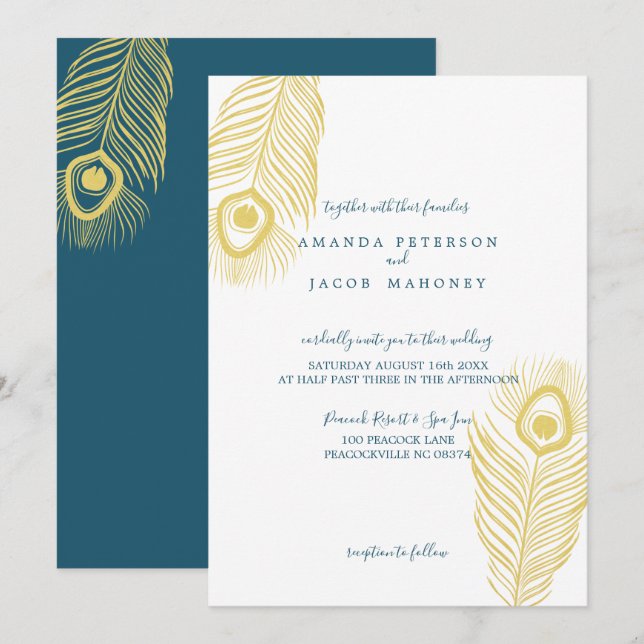 Elégant Peacock Or Invitations de mariage (Devant / Derrière)