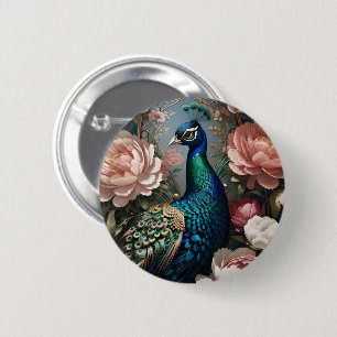Elegant Peacock Pink Peonies 2 Inch Round Button
