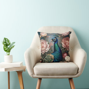 Elegant Peacock Pink Peonies  Throw Pillow