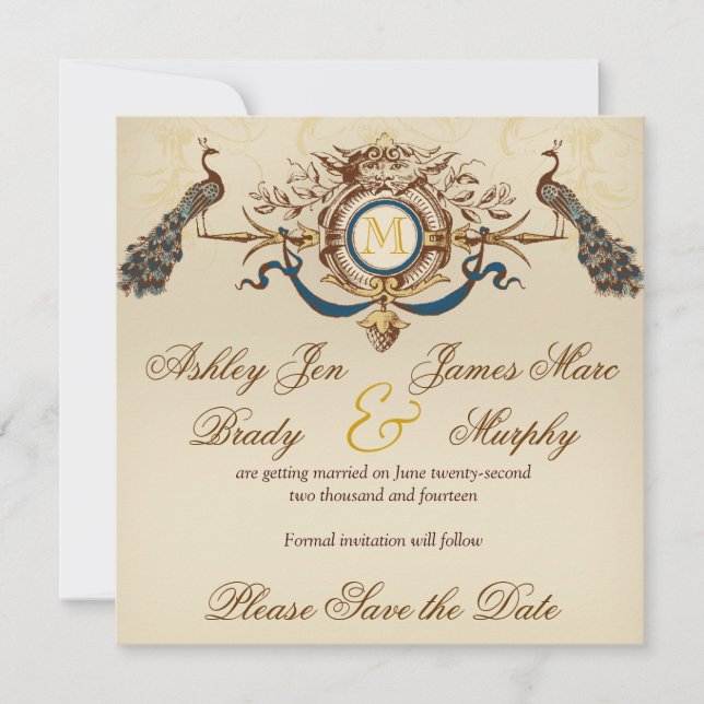 Elegant Peacock Save the Date Cards (Front)