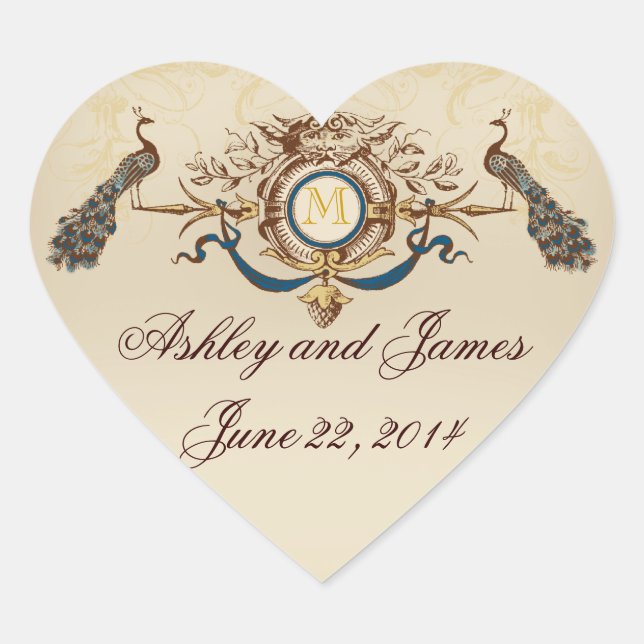 Elegant Peacock Save the Date Stickers Heart Shape (Front)