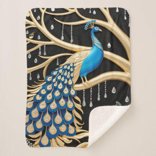 Elegant Peacock Sherpa Blanket with Gold and Blue 