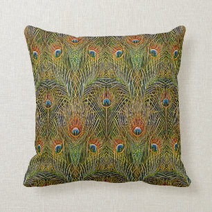 Elegant Peacock Stylish Gold Feathers Pattern Throw Pillow