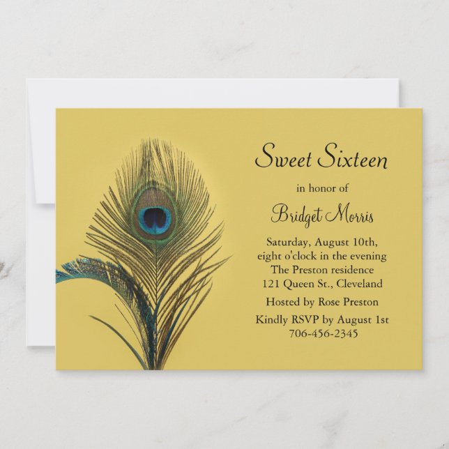 Elegant Peacock Sweet Sixteen Invitation yellow (Front)