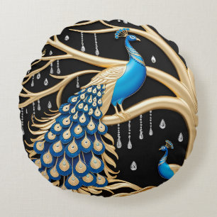 Elegant Peacock Wall Art with Gold and Blue Detail Round Pillow