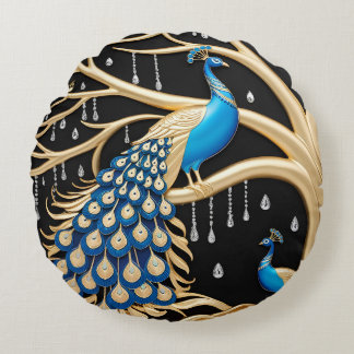Elegant Peacock Wall Art with Gold and Blue Detail Round Pillow
