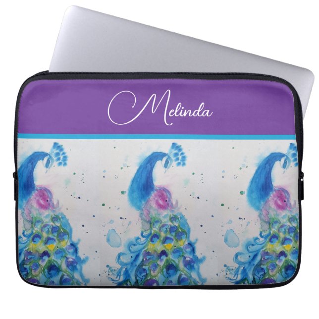 Elegant Peacock Watercolor Blue Painting Laptop Sleeve (Front)