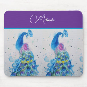 Elegant Peacock Watercolor Blue Painting Mouse Pad