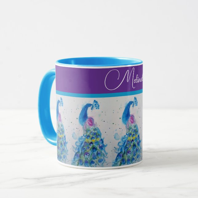 Elegant Peacock Watercolor Blue Painting Womans Mug (Front Left)