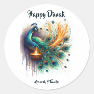 Elegant Peacock watercolor Diwali  Classic Round Sticker