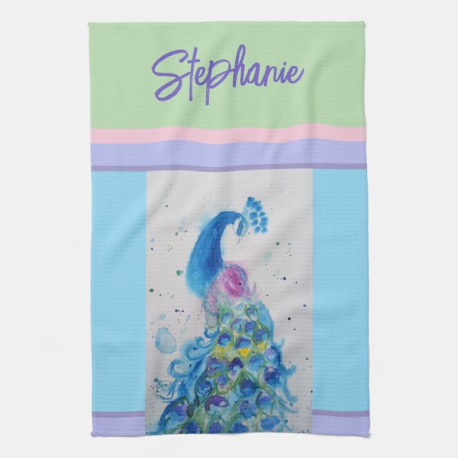 Elegant Peacock Watercolor Womens Pastel Colors Kitchen Towel (Vertical)