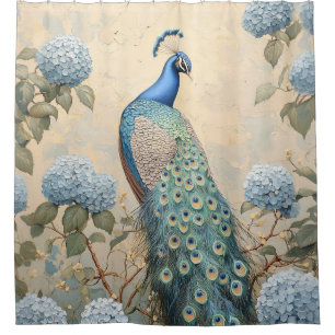 Elegant Peacock with Blue Hydrangeas Oil Painting
