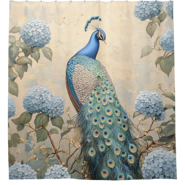 Elegant Peacock with Blue Hydrangeas Oil Painting (Front)