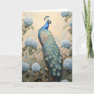 Elegant Peacock with Blue Hydrangeas Oil Painting Card