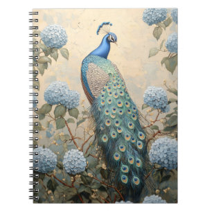 Elegant Peacock with Blue Hydrangeas Oil Painting Notebook