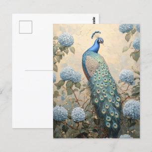 Elegant Peacock with Blue Hydrangeas Oil Painting Postcard
