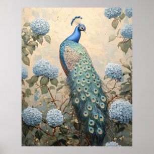 Elegant Peacock with Blue Hydrangeas Oil Painting Poster