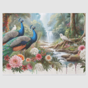 Elegant Peacocks in Forest with Flowers  Tissue Paper