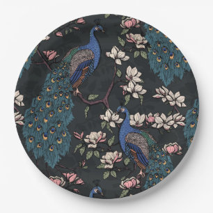 Elegant Peacocks & Magnolia Flowers Black Paper Plate