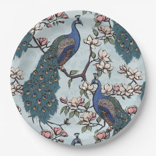 Elegant Peacocks & Magnolia Flowers Blue Paper Plate