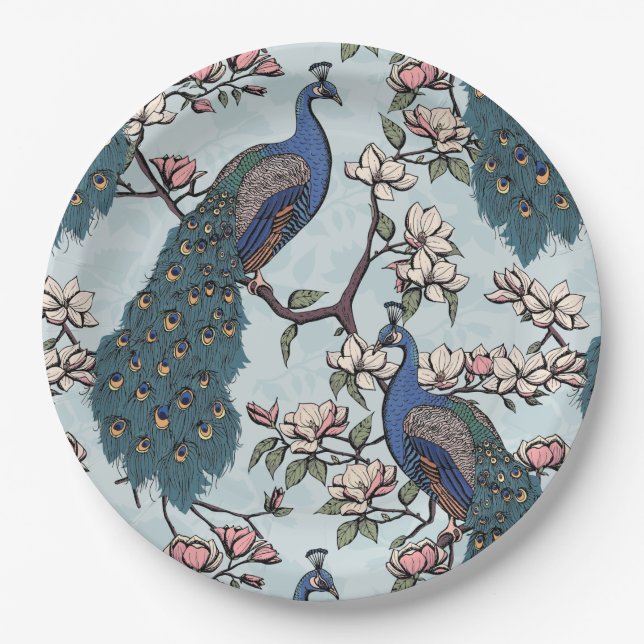 Elegant Peacocks & Magnolia Flowers Blue Paper Plate (Front)
