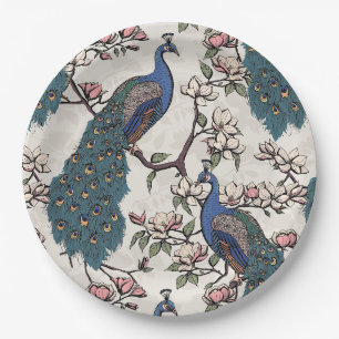 Elegant Peacocks & Magnolia Flowers Ivory Paper Plate