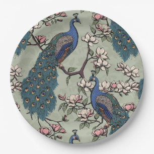 Elegant Peacocks & Magnolia Flowers Sage Green Paper Plate