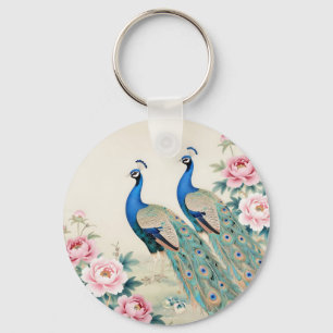 Elegant Peacocks Pink Peonies Asian Keychain