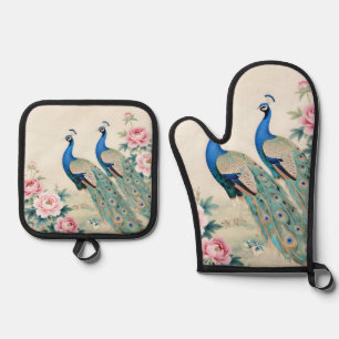 Elegant Peacocks Pink Peonies Asian  Oven Mitt & Pot Holder Set