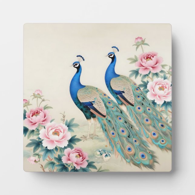 Elegant Peacocks Pink Peonies Asian  Plaque (Front)