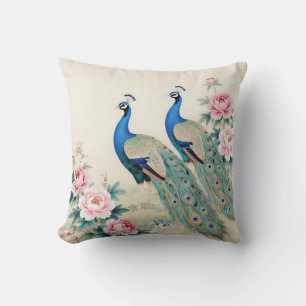 Elegant Peacocks Pink Peonies Asian Throw Pillow