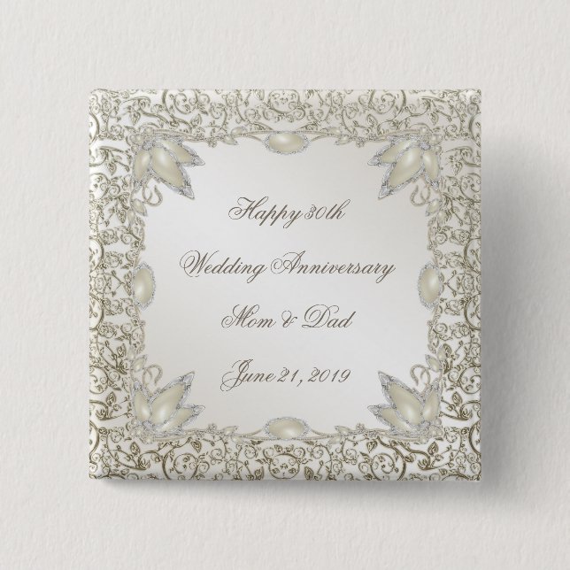Elegant Pearl 30th Wedding Anniversary 2 Inch Square Button (Front)