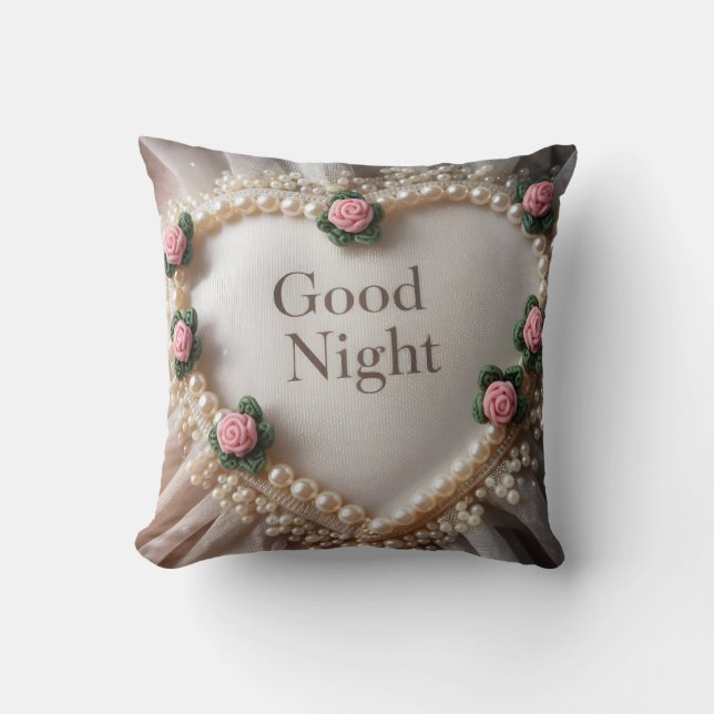 Elegant Pearl and Floral Heart Throw Pillow (Front)