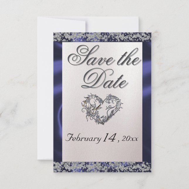 Elegant Pearl, Blue Ribbon & Sparkle Save The Date (Front)