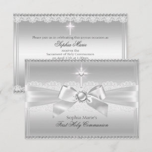 Elegant Pearl Bow & Cross First Holy Communion Invitation